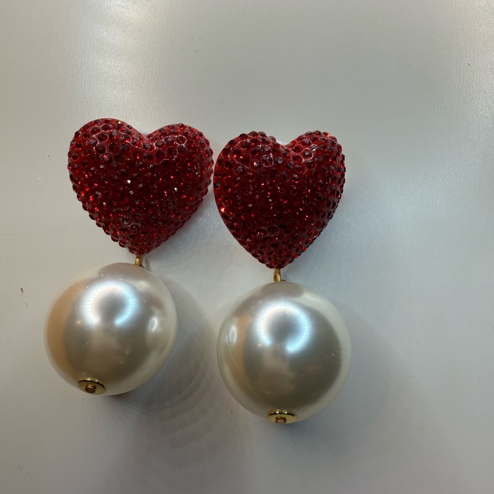 Khoi Red Heart and Pearl Drop Earrings